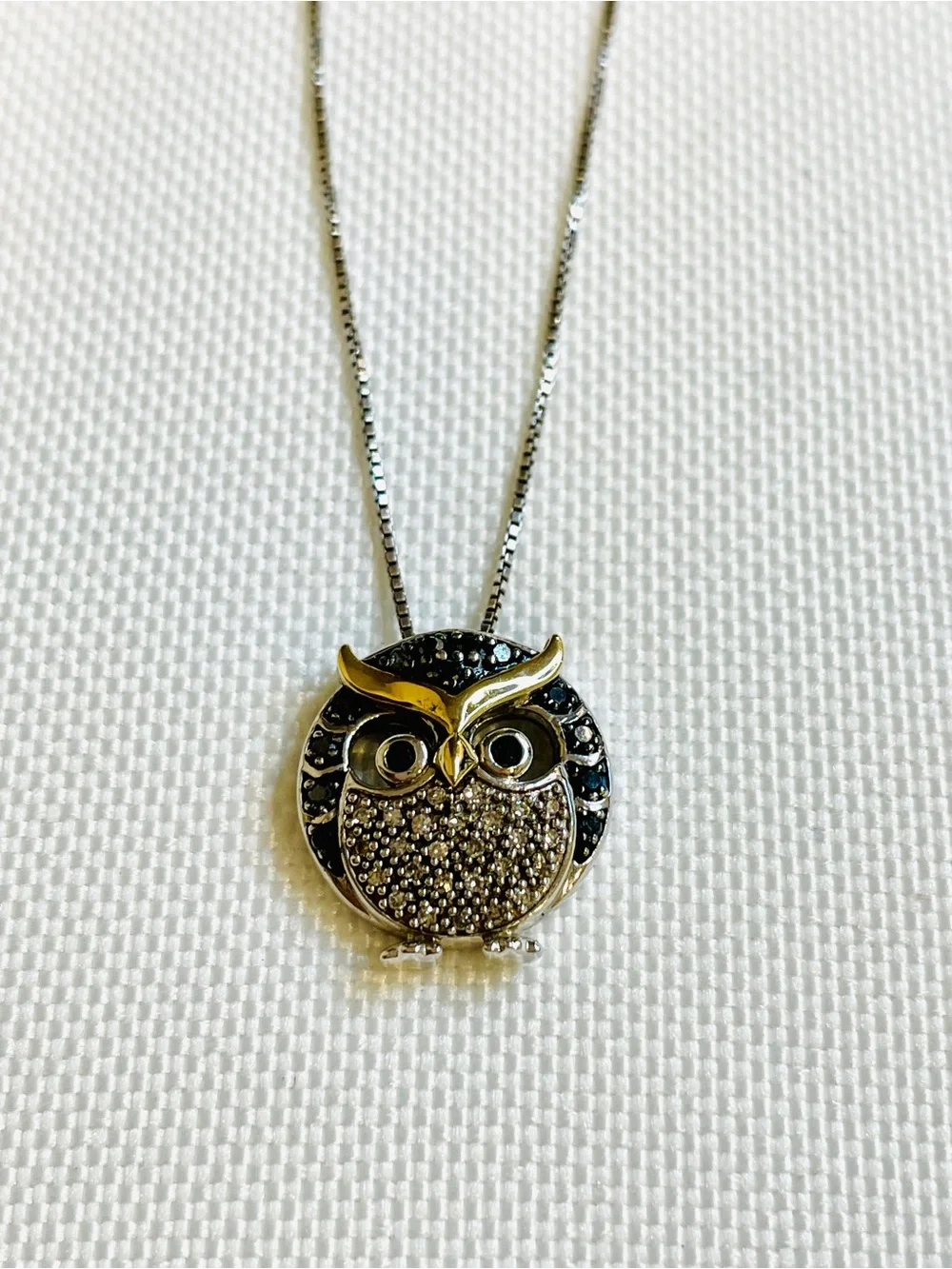 10K Yellow Gold Sterling Silver Black White Diamond Chubby Owl Necklace